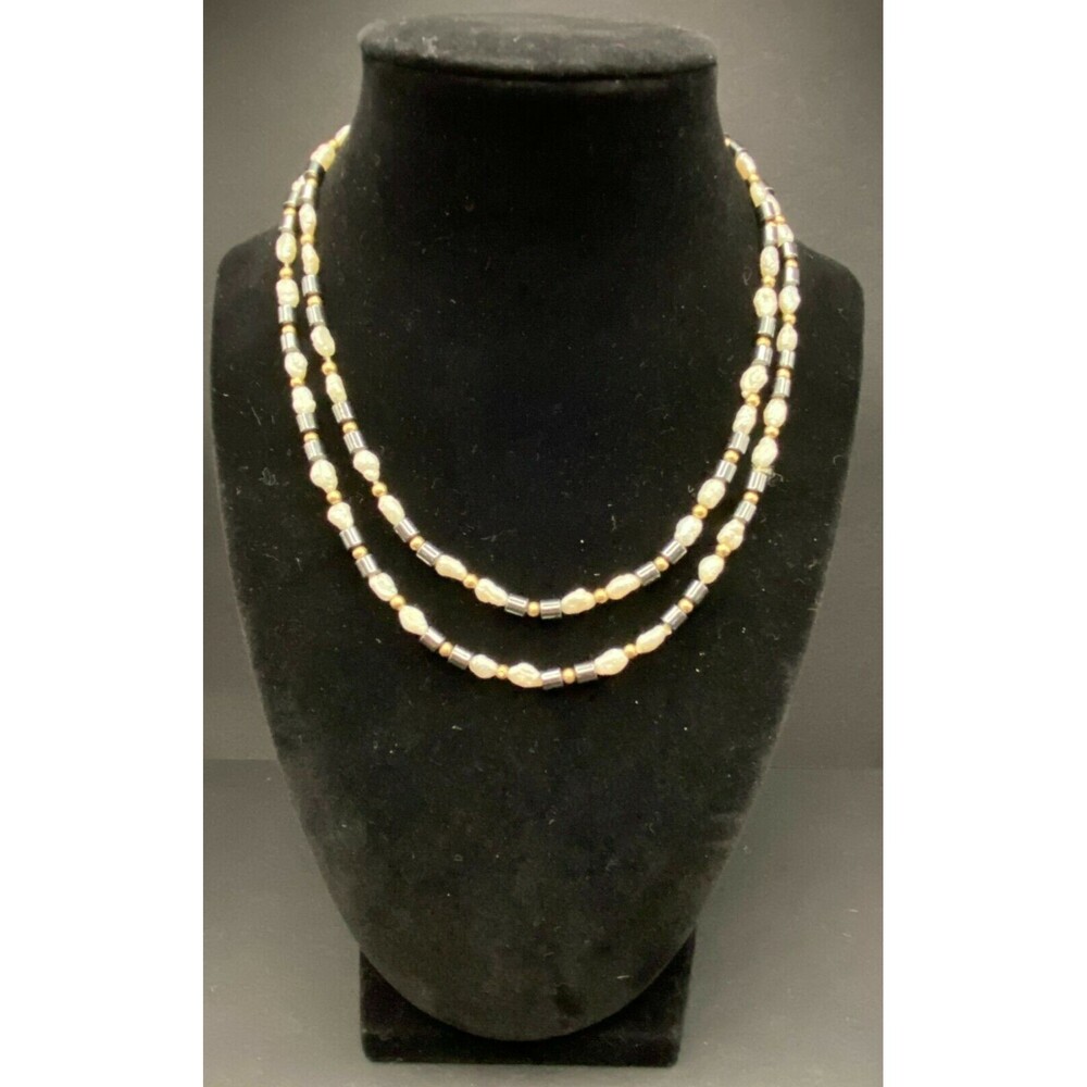 Vintage Hematite Baroque Freshwater Pearl Gold Tone Bead Rope Necklace 33”